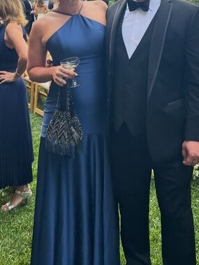 Dress the Population Blue Asymmetrical Halter Gown